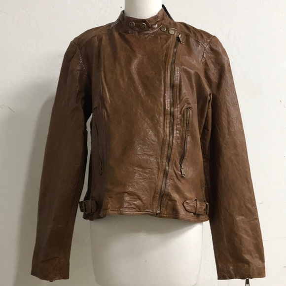Lauren Ralph Lauren Burnished Leather Moto Bomber Jacket Dark Walnut